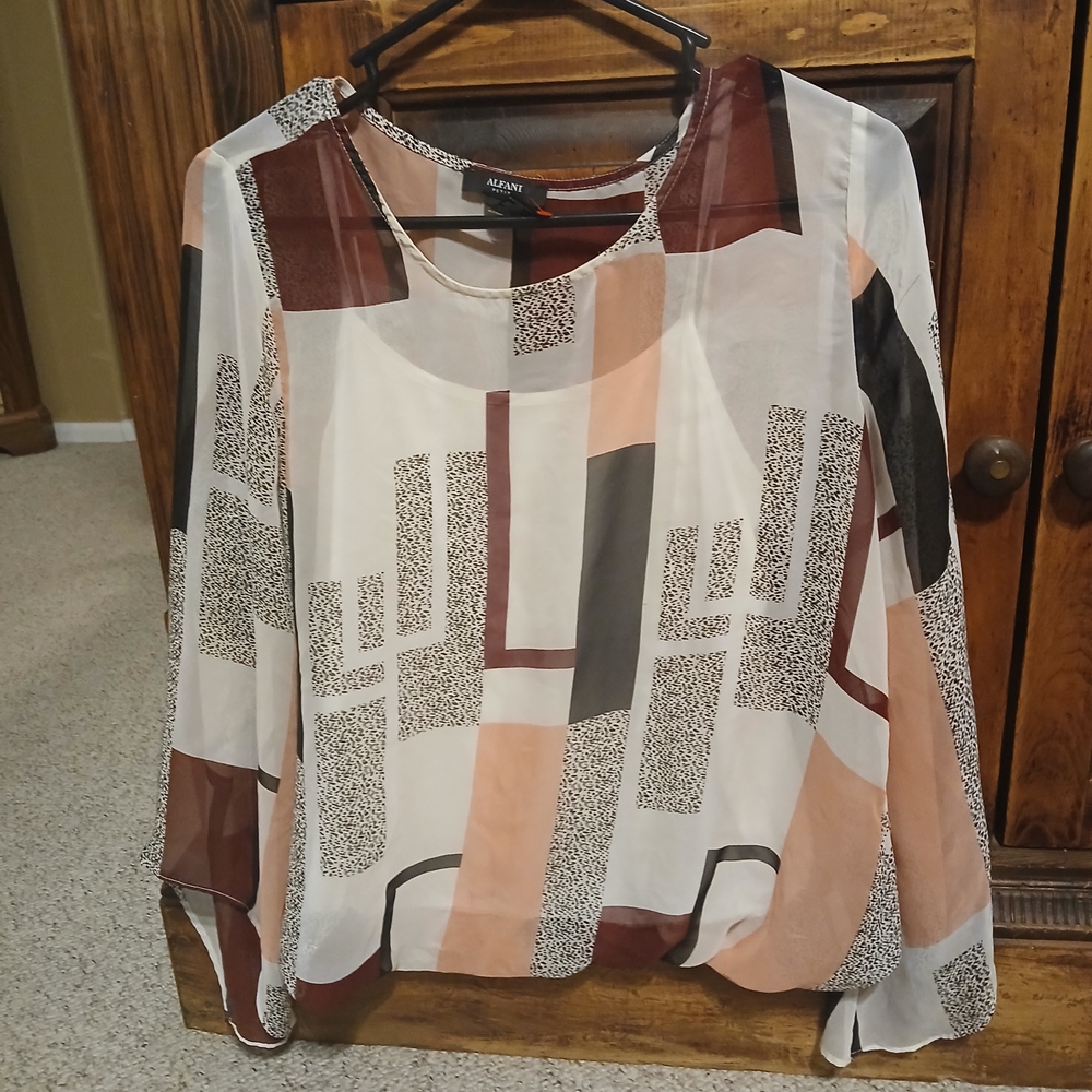Alfani Geometric Print Sheer Blouse in White, Brown, Tan